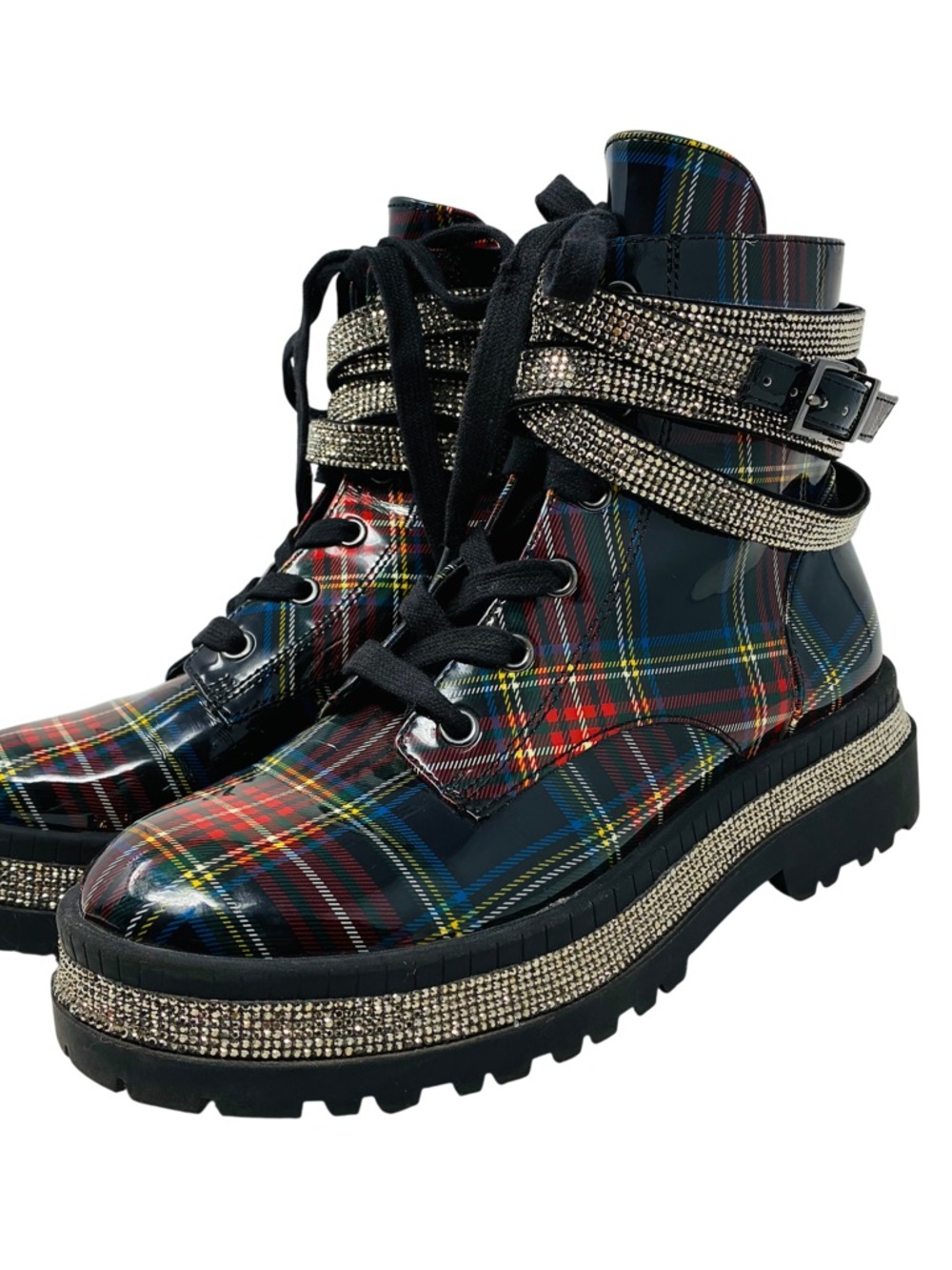 Jessica Simpson Ebrina Plaid Rhinestone Combat Women’s Boots Size 6.5M Straps